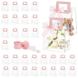 30Pcs Clear Gift Bags with Handles, Transparent PVC Gift Bag with Ribbon, Reusable Plastic Shopping Bags, Heavy Duty Gift Wrap Bags for Bridal Party Baby Shower Wedding Birthday (7x8x4In-Medium)