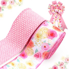 LaRibbons Pink Floral Ribbon Wired 2 Rolls 2.5 Inch x 20 Yards TTL, Rose Flower and Polka Dot Burlap Ribbon for Spring Summer Mothers Day Crafts Gift Wrapping Wreath Bow Decoration