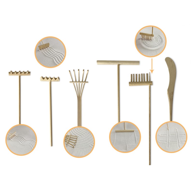 ZEN&TAO Natural Bamboo/Wood Made Miniature Six-Pieces Zen Garden Toolset Accessories