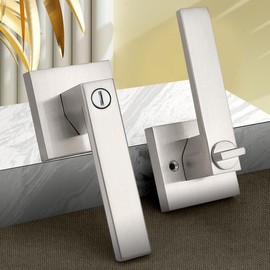 Probrico Interior Brushed Nickel Door Handle, Heavy Duty, Flat Square Privacy Door Handles, Keyless Door Levers Lockset for Bedroom and Bathroom (2 Pack, Modern)