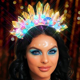 Handcess Light up Shell Headband LED Starfish Hair Band Glowing Mermaid Costume Crown Headbands Party Rave Hair Accessories for Women