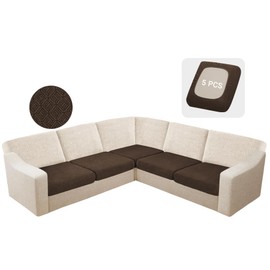 HDCAXKJ Waterproof Sectional Couch Cushion Covers Stretch Corner Sofa Cushion Covers Jacquard L Shaped Slipcover Washable 5 Pieces Seat Cushion Cover U Shape Furniture Protector (5 Seater, Chocolate)