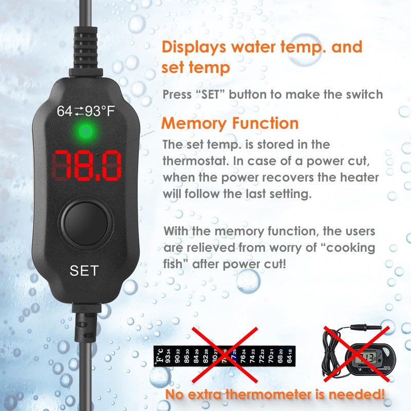 VCRAZE Super Compact 50W Fish Tank Heater, Submersible Aquarium Heater