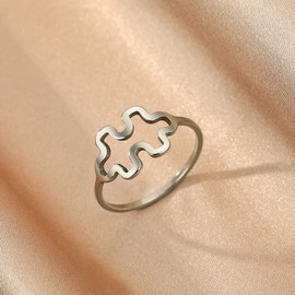 LUTAKU Dainty Puzzle Finger Rings for Women Girls Stainless Steel Minimalist Autism Awareness Stacking Ring Geometric We Just fit Jewelry Gift (silver)