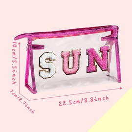 COSHAYSOO Clear Makeup Bag Preppy Sunscreen Pouch Waterproof Beach Pool Travel Things Summer Stuff Traveling Cosmetic Accessories for Women Teen Girl Gift with Cute Chenille Letter Patch Pink SUN