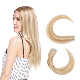 Elailite Tape in Hair Extensions Human Hair Thin Type 1.5g/pcs - 20Pcs 100% Real Natural Remy Hair Skin Weft Extension (#18/613 Ash Blonde Mix Bleach Blonde, 18 inches)