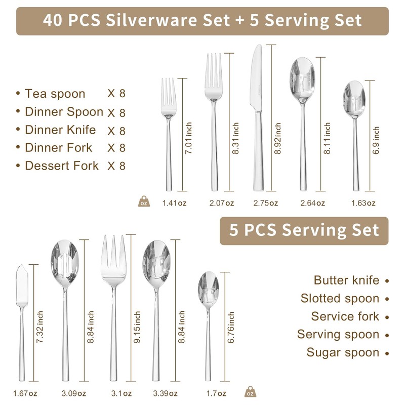 KINGSTONE Silverware Set with Serving Utensils, 45-Piece Forged Flatware Set