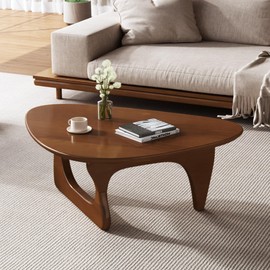 Wood Coffee Table, Mid Century Modern Triangle Coffee Table for Living Room, Rustic Solid Wood Legs and Tabletop, Farmhouse Walnut Accent Center Table for Small Spaces