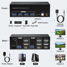 VPFET 4K144Hz 2 Displayport HDMI KVM Switch 2 Computers 3 Monitors 8K60Hz KVM Switches for 2 pc Share 3 Monitors with 4 USB 3.0 Ports Includes 2 USB 3.0 Cables and External line Control