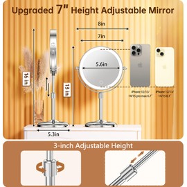 Gospire 7" Lighted Makeup Mirror with Magnification 10X/1X, Height Adjustable & 3 Color Dimmable Lights, 360° Swivel Double Sided Light up Rechargeable LED Cosmetic Vanity Cordless Standing Mirror