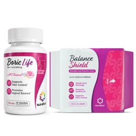 NutraBlast Boric Acid Suppositories 600mg (30 Count) Bundle with Balance Shield Panty Liners (180mm, 20-Pack) | Discharge & Odor-Proof Layers | Charcoal-Infused Bamboo Balancing Core