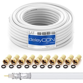 deleyCON HQ+ 10 m SAT Coaxial Cable 135 dB - 5x Shielded for DVB-S - S2 DVB-T and DVB-C - 4K 1080p Full HD HDTV - Includes 10x Gold-Plated F-Connectors
