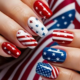 4th of July Nails Press on Medium Square Press on Nails Independence Fake Nails Red Lines Stars National Flag Design Blue White Glue on Nails Glossy July 4th False Nails for Girls Women 24Pcs