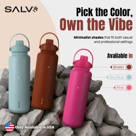 Salv Brown 40 oz Insulated Water Bottle – Reusable Stainless Steel, Leak-Proof, BPA-Free, Keeps Water Cold for 24H – With Handle for Gym, Travel & Hiking