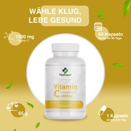 Vitamin C 1000 mg - High Dose - 60 Capsules - No Additives - Vitamin C Capsules for the Immune System - Laboratory Tested - Made in EU