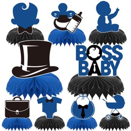 iPartyGo Boss Birthday Party Decorations - 9 Pcs Blue Happy Bosses Table Topper Honeycomb Centerpieces Decor Set Centerpiece Supplies Favors for 1st 2nd 3rd Boys Baby Shower Gender Reveal Signs