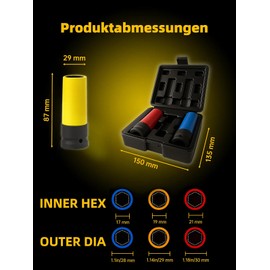 MIKKUPPA Impact Wrench Nuts - 3-Piece Socket Wrench Set, 17 mm, 19 mm, 21 mm, 1/2 Inch Square Drive, Cr-Mo Material, with Plastic Rim Protection for Alloy Wheels Wheel Mounting