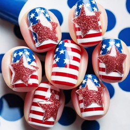 4th of July Press on Nails 24Pcs Glossy Red Glitter Stars Stick on Nail Short Square Acrylic Full Cover False Nail Fourth of July Gel Glue on Fingernails American Flag Fake Nails for Holiday Manicure
