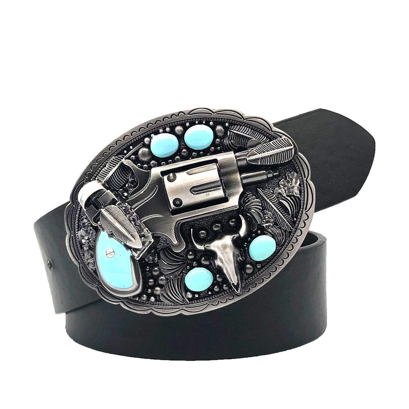 YOQUCOL Revolver Pistol Imitation Turquoise Bull Head Belt Buckle For
