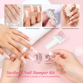 Saviland French Manicure Kit - 4PCS French Tip Nail Stamp with White Gel Nail Polish Set, Jelly Silicone Nail Stamper and Scraper Nail Art Stamper Kit for French Nails Home DIY Salon