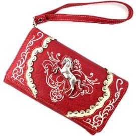 Justin West Horse Embroidery Studded Concealed Carry Handbag Purse Matching Wallet (Red Wallet)