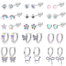 FEYIR 15 Pairs Screw Back Earrings Set for Women Hypoallergenic Surgical Steel Earring Cute CZ Butterfly Star Flower Stud Hoop Dangle ScrewBack Stud Earrings Set, Stainless Steel, Cubic Zirconia