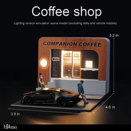 1:64 Coffee Shop Diorama with LED Lights - Miniature Street Scene Display for Diecast Cars & Hot Wheels
