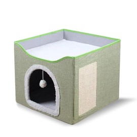 Foldable Cat House for Indoor Cats - Green Pet Hideaway with Soft Cushion, 15.35x15.35x14.96 inches(Green