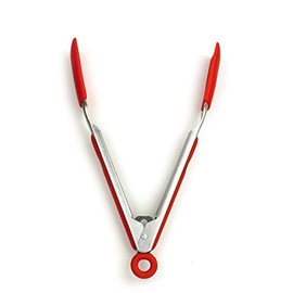 RSVP International Endurance Kitchen Utensil Collection Stainless Steel Locking Tongs for Cooking, 10.75" Length, Square Tip, Red Non-Slip Silicone