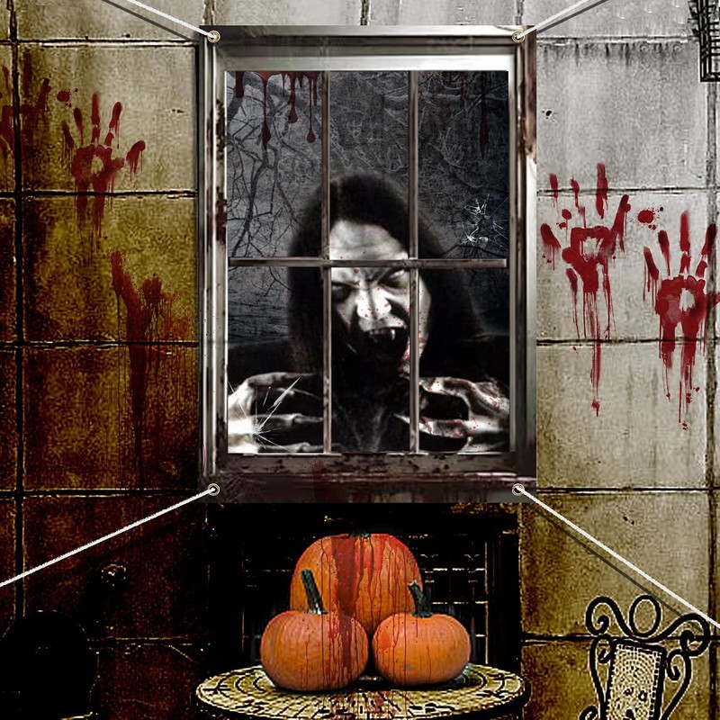 2 Pcs Scary Halloween Window Decorations-Creepy Female Ghost Window Curtain