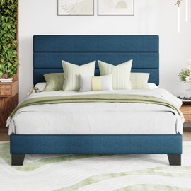 MUTICOR Full Size Fabric Upholstered Platform Bed Frame with Headboard, Heavy Duty Solid Wood Slats, No Box Spring Required, Easy Assembly, Navy Blue