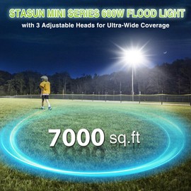 STASUN 600W LED Flood Light, Mini Series Stadium Light, 60000LM 6000K Daylight White, IP66 Waterproof, 3 Adjustable Panels, Outdoor Sports Lighting for Basketball Court, Parking Lot, Baseball Field