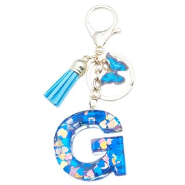 Xsclpomddy Girls Alphabet Letter Key Ring Cute Key Ring Glitter with Butterfly Tassels Resin Blue Keychain for Bag Charm, G