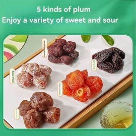 Five types mixed with fruit at 10.58oz/300g. Snowflake green plum, Yangmei, Ximei, semi dried plum, green plum, and mixed dried fruit.