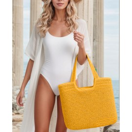 ALUWU Beach Bags for Women Pool Tote Bag Summer Straw Purse Woven Handbags with Zipper, Yellow
