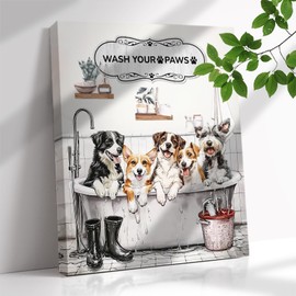 Funny Dog Bathroom Wall Art Farmhouse Vintage Cute Animals Puppy Pictures Canvas Wall Decor Wash Your Paws Lovely Rustic Dogs Print Painting Framed Artwork for Bedroom Bathroom 12"X16"