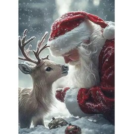 5D Christmas Diamond Art Kits for Adults, Santa Claus and his Little Deer Diamond Painting Kits,DIY Round Full Drill Diamond Dots Gem Art Painting for Home Wall Decor 12 X 16 Inch