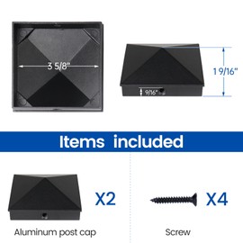 Muzata 2Pack 4x4 Post Caps Aluminum Pyramid (Actual 3.5"x3.5") Fence Post Caps Black Powder-Coated for Wood Fence Deck Railing WT06
