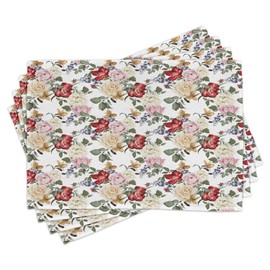 Ambesonne Shabby Flora Place Mats Set of 4, Summer Spring Season Buds Roses Lilacs Flowers Leaves Print, Washable Fabric Placemats for Dining Table, Standard Size, Pale Pink Cream