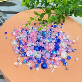 50g Mix Flatback Resin Rhinestones Half Round Pearls Mixed Size 3mm-10mm AB Color Half Pearls Resin Rhinestones for DIY Craft Nail Art Shoes Clothes Tumblers Scrapbooking (Pink Blue Series)