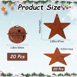 CREATCABIN 20 Pcs Rusty Metal Jingle Bells Vintage Rusty Bells 20 Pcs Rustic Metal Star Retro Tree Supplies Kit Crafts for Christmas Tree Wreath Holiday Home House Room Decoration 1.85x1.85 Inch