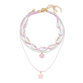 Shell Beach Choker Necklace Set for Women Boho Layered Beaded Adjustable Starfish Conch Shell Nacklace Imitaion Pearl Rice Beads Necklace Summer Ocean Vacation Jewelry-Pink