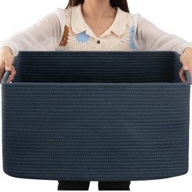 OIAHOMY 75L Large Blanket Basket, Woven Storage Basket with Handle, Cotton Rope Basket 22”x17”x12”,Blanket Basket Living Room, Toy Basket for Nursery, Blue