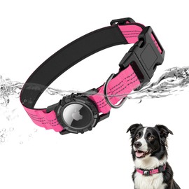 HDDTTZ AirTag Dog Collar, IP68 Waterproof Integrated Air Tag Dog Collars with Reflective, Ultra-Durable, Comfortable Padded, Heavy Duty Dog Collars for Small Medium Large Dogs, M (12.6"-17.1"), Pink