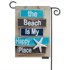 Moslion The Beach Is My Happy Place Garden Flags Double Sided Sea Sand Starfish on Wooden Sign Yard Flag 12.5x18 Inch Burlap Banners Home Decorative Outdoor Villa