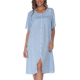 COSUNIONY House Dresses for Women Cotton Short Sleeve House Coat Buttons Down Dusters Robe with Pockets (Blue Flower, Medium…