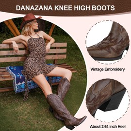 DANAZANA Knee High Cowgirl Boots Women Wide Calf Closed Pointed Toe Classic Embroidered Boot With Side Half Zip Sparkly Rhinestones Cowboy Western Boots For Lady Brown