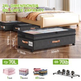 Under Bed Storage with Wheels, 2Pack Expandable UnderBed Storage Containers with Clear Lid & Label, XXL 70L Under The Bed Storage Bins for Clothes, Shoes, Blankets, Books, Toys (Black)