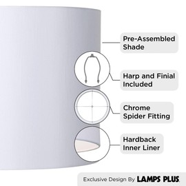 White Hardback Large Drum Lamp Shade 16" Top x 16" Bottom x 12" High (Spider) Replacement with Harp and Finial - Springcrest
