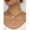 Pearl Cross Necklace with Vintage Seal Inlaid Pearl Necklace Gold